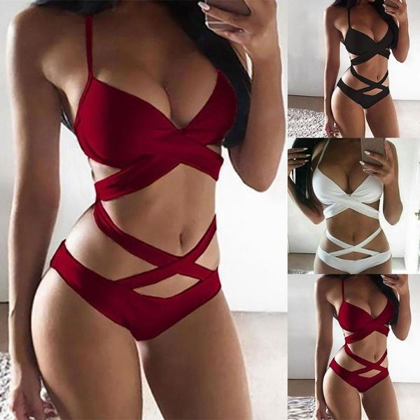 women's swimwear women summer 2 pieces bikini set halter push up underwire padded swimsuit criss cross bandage solid color bathing suit, White;black
women's swimwear women summer 2 pieces bikini set halter push up underwire padded swimsuit criss cross bandage solid color bathing suit, White;black