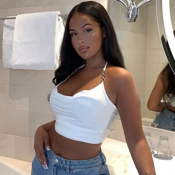 solid halter crop for women chain straps sleeveless tie up vest cropped feminino backless club tanks, White
solid halter crop for women chain straps sleeveless tie up vest cropped feminino backless club tanks, White