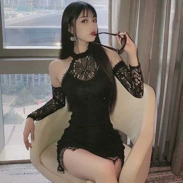 black halter lace dress female nightclub club slim mini with sleeves strapless 210604, Black;gray
black halter lace dress female nightclub club slim mini with sleeves strapless 210604, Black;gray