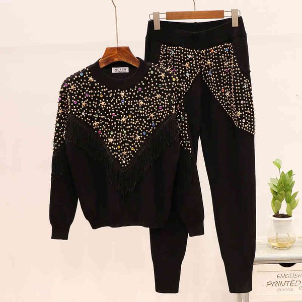 women's two piece pants autumn winter tracksuit female loose knit 2pc fashion beading tassel knitted sweater + sports pencil women set, White
women's two piece pants autumn winter tracksuit female loose knit 2pc fashion beading tassel knitted sweater + sports pencil women set, White