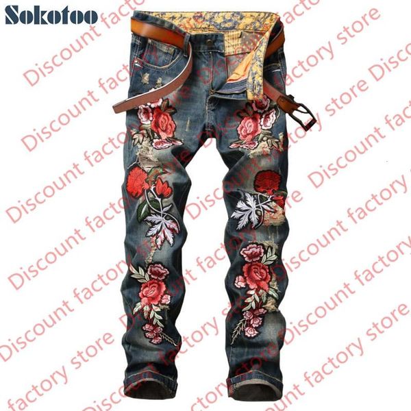 sokotoo men's flower embroidery patch ripped jeans casual hole slim straight distressed denim pants, Blue
sokotoo men's flower embroidery patch ripped jeans casual hole slim straight distressed denim pants, Blue