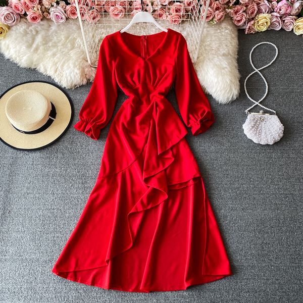 vintage black/red irregular ruffle long women elegant v-neck flare sleeve high waist vestidos female 2021 spring autumn 6g1w, Black;gray
vintage black/red irregular ruffle long women elegant v-neck flare sleeve high waist vestidos female 2021 spring autumn 6g1w, Black;gray