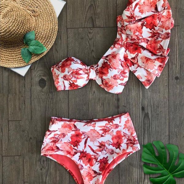 women's swimwear high waist bikini set 2021 print floral women bandeau swimsuit ruffle beachwear push up bathing suit biquini, White;black
women's swimwear high waist bikini set 2021 print floral women bandeau swimsuit ruffle beachwear push up bathing suit biquini, White;black