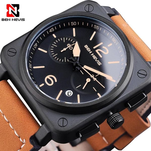 wristwatches men's quartz watch 2021 fashion leather wristband multifunctional waterproof military design, Slivery;brown