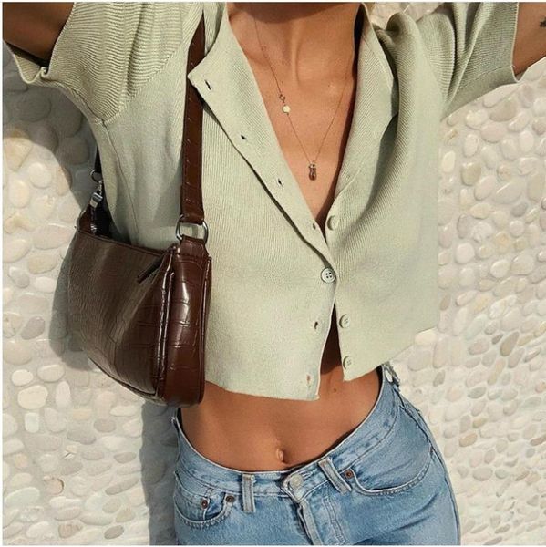 women's blouses & shirts fashion ladies short sleeve crop solid color knitted single-breasted cardigan base shirt, White
women's blouses & shirts fashion ladies short sleeve crop solid color knitted single-breasted cardigan base shirt, White