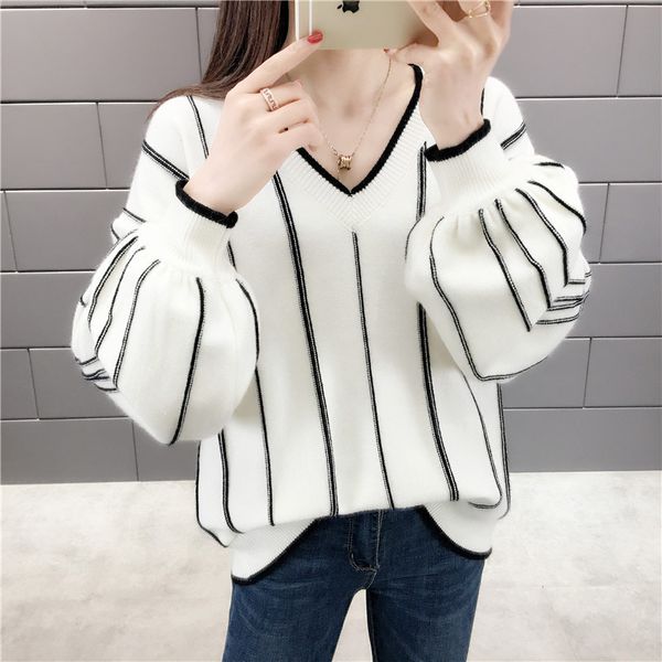 2021 new v-neck women's knitted lantern sleeve ladies jumpers casual stripe female pullovers for women outwear sweater zak7, White;black
2021 new v-neck women's knitted lantern sleeve ladies jumpers casual stripe female pullovers for women outwear sweater zak7, White;black