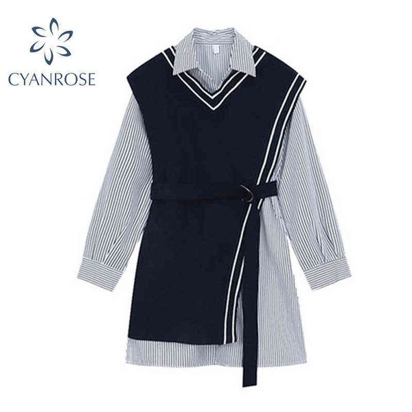 women's two piece outfits korean streetwear style striped shirt dress and knitted vest belt female 2021 autumn casual clothing g1214, Black;gray
women's two piece outfits korean streetwear style striped shirt dress and knitted vest belt female 2021 autumn casual clothing g1214, Black;gray