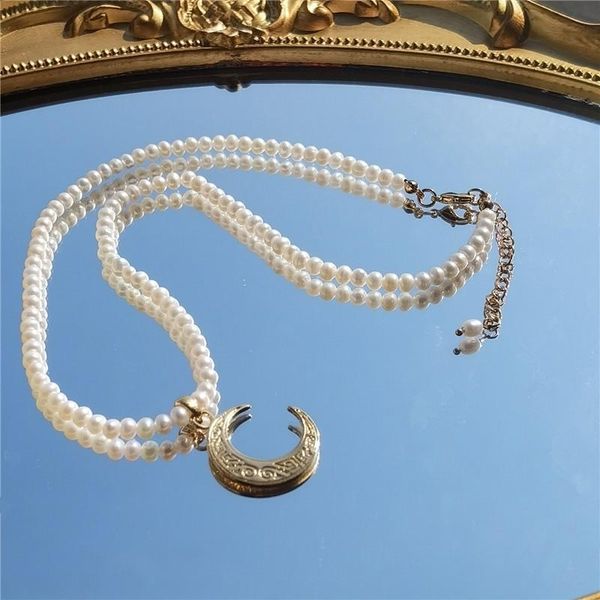 chokers fashion freshwater pearl metal moon pendant short necklaces female, Golden;silver