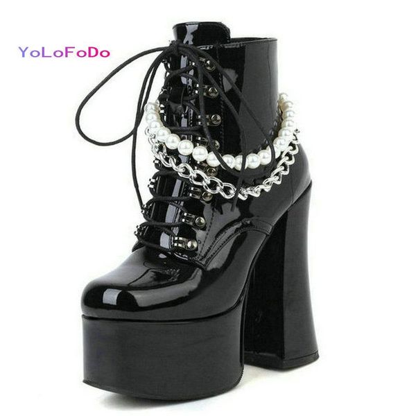 boots platform square high heel women ankle patent pu leather round toe ladies lace up side zipper autumn winter shoes, Black
boots platform square high heel women ankle patent pu leather round toe ladies lace up side zipper autumn winter shoes, Black
