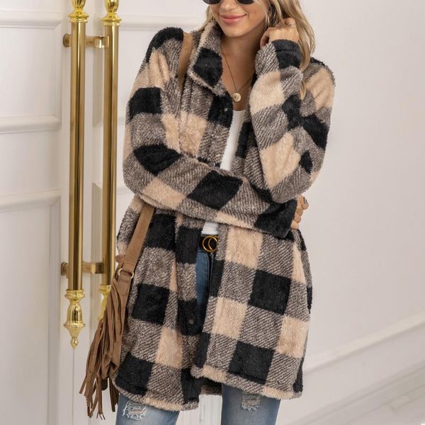 women's wool & blends streetwear style long-sleeved plaid print coat winter clothes women lapel straight cardigan coats pocket outcoat, Black
women's wool & blends streetwear style long-sleeved plaid print coat winter clothes women lapel straight cardigan coats pocket outcoat, Black