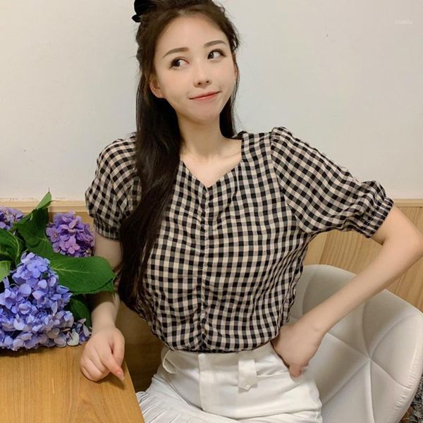 women's blouses & shirts fashion summer plaid print v neck casual simple exposed navel short sleeves puff sleeve blouse, White
women's blouses & shirts fashion summer plaid print v neck casual simple exposed navel short sleeves puff sleeve blouse, White