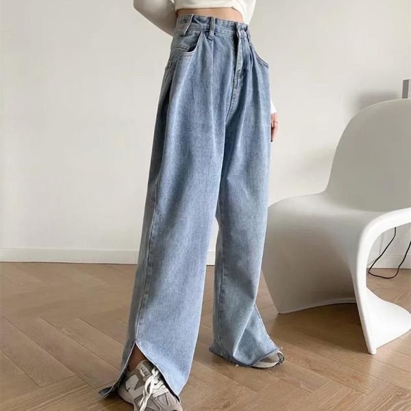 women's jeans female chic trendy wide leg vintage solid color high waist split hem back broken pockets straight denim trousers, Blue
women's jeans female chic trendy wide leg vintage solid color high waist split hem back broken pockets straight denim trousers, Blue
