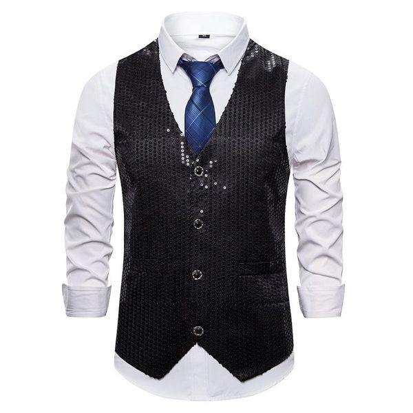 men's vests black sequins vest men 2021 brand slim fit shiny party dress suit waistcoat dj club wedding prom gilet costume, Black;white
men's vests black sequins vest men 2021 brand slim fit shiny party dress suit waistcoat dj club wedding prom gilet costume, Black;white