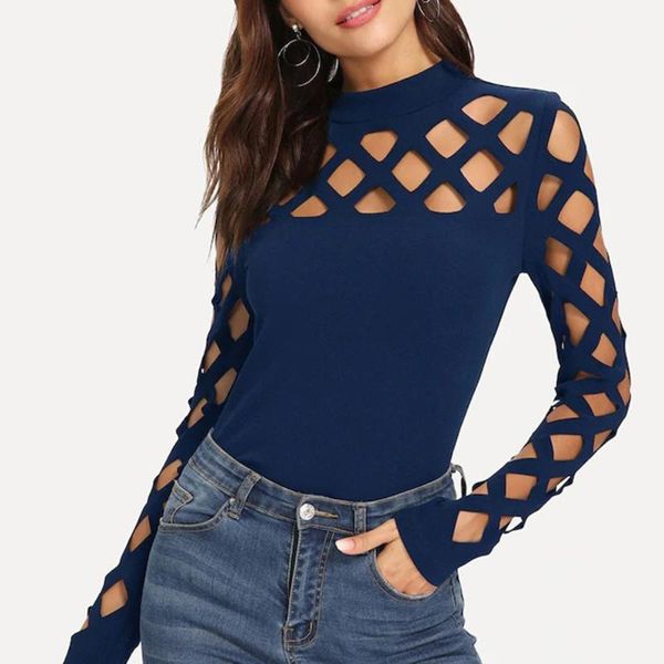 women's t-shirt hollow out women long sleeve square cutout shoulder office lady slim black elegant solid streetwear t-shirts, White
women's t-shirt hollow out women long sleeve square cutout shoulder office lady slim black elegant solid streetwear t-shirts, White
