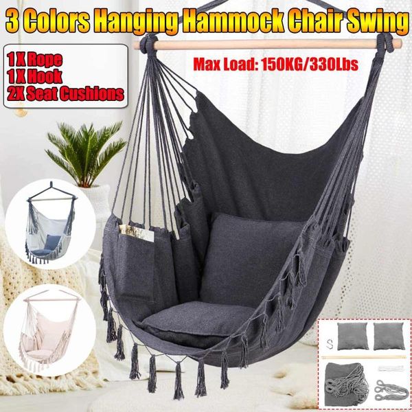 3 types outdoor indoor hanging hammock chair swing camping garden load 150kg with 2 x seat cushions
3 types outdoor indoor hanging hammock chair swing camping garden load 150kg with 2 x seat cushions