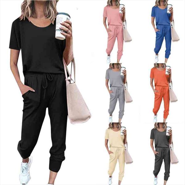 pant suits 2pcs women pure color suit short sleeve leisure pocket home sweatpants sets ensembles femme, White
pant suits 2pcs women pure color suit short sleeve leisure pocket home sweatpants sets ensembles femme, White