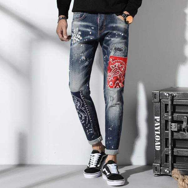 jeans embroidered men's chinese style personality fashion hole patch paint stretch pants, Blue
jeans embroidered men's chinese style personality fashion hole patch paint stretch pants, Blue