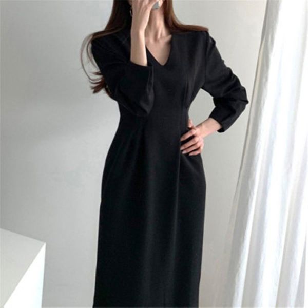 casual dresses elegant v-neck full sleeve midi dress women 2021 autumn office ladies slim waist female work wear solid vestidos, Black;gray
casual dresses elegant v-neck full sleeve midi dress women 2021 autumn office ladies slim waist female work wear solid vestidos, Black;gray