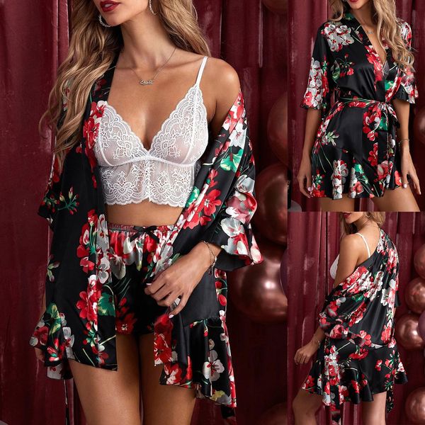 three piece home fun underwear pajama set, Red;black