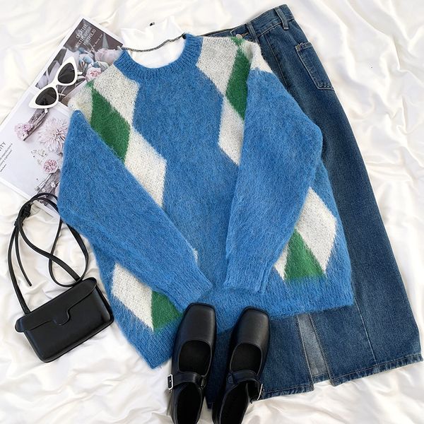 2021 new mooirue winter elegant women blue mohair argyle contrast diamond crew neck loose thick sweater kfdo, White;black
2021 new mooirue winter elegant women blue mohair argyle contrast diamond crew neck loose thick sweater kfdo, White;black