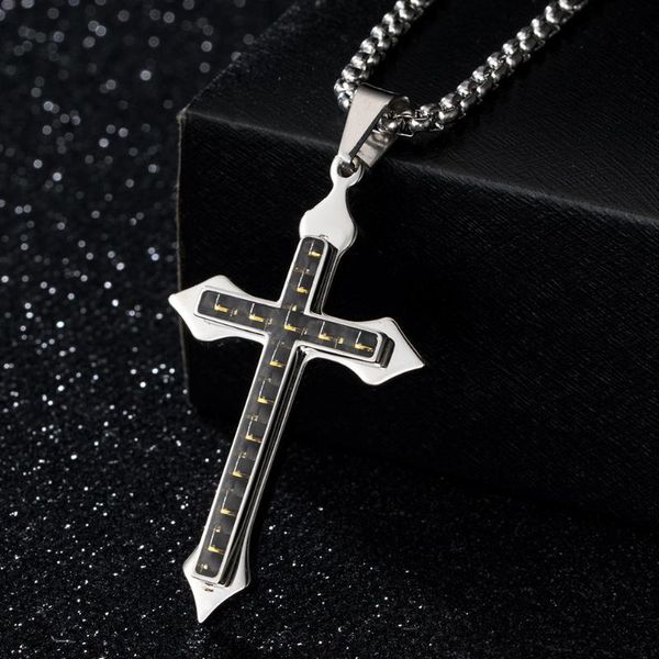 pendant necklaces japanese and korean titanium steel inlaid carbon fiber cross double stacked man's necklace, Silver
pendant necklaces japanese and korean titanium steel inlaid carbon fiber cross double stacked man's necklace, Silver