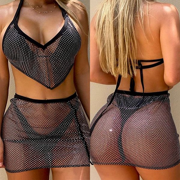 women casual two-piece clothes set black halter sleeveless see through crop + short skirt outfits fashionable clothing
women casual two-piece clothes set black halter sleeveless see through crop + short skirt outfits fashionable clothing