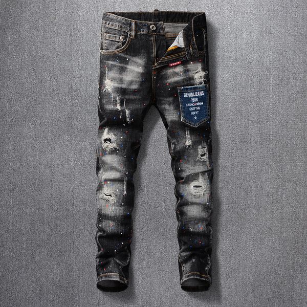 2021 new fashion streetwear men jeans elastic slim fit ripped denim pants retro black gray painted designer hip hop trousers d6, Blue
2021 new fashion streetwear men jeans elastic slim fit ripped denim pants retro black gray painted designer hip hop trousers d6, Blue