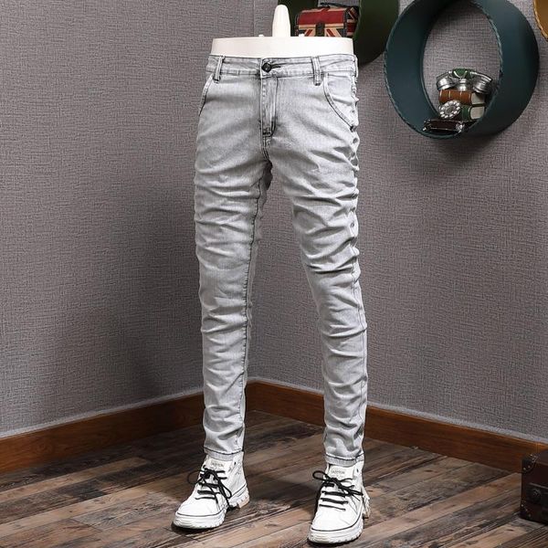 men's jeans streetwear fashion men light white gray elastic slim fit ripped korean style designer casual denim pencil pants, Blue
men's jeans streetwear fashion men light white gray elastic slim fit ripped korean style designer casual denim pencil pants, Blue