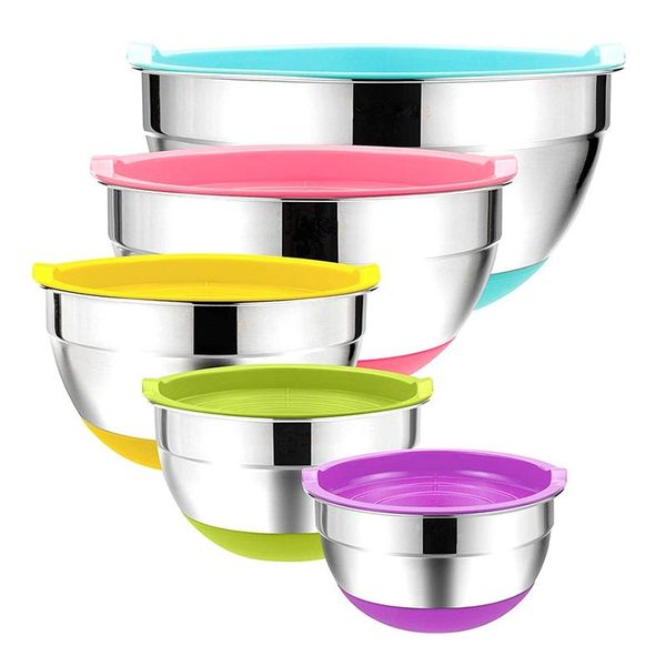 5pcs stainless steel mixing bowls 18-26cm diameter metal nesting bowls with colorful airtight lids non-slip bottoms
5pcs stainless steel mixing bowls 18-26cm diameter metal nesting bowls with colorful airtight lids non-slip bottoms
