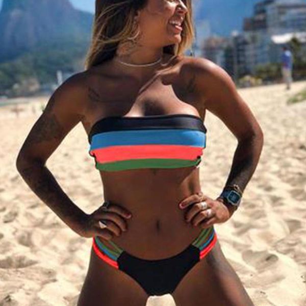 women's swimwear s-xl 6colors striped off shoulder bandage pants bikini set women bathing fitness beach swimsuit, White;black
women's swimwear s-xl 6colors striped off shoulder bandage pants bikini set women bathing fitness beach swimsuit, White;black