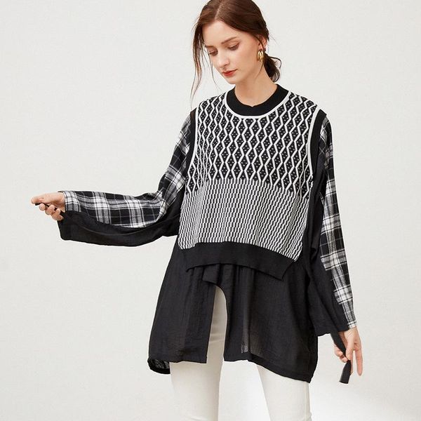 women's sweaters superaen 2021 autumn plaid splicing fake two-piece loose pullover o neck sweater, White;black
women's sweaters superaen 2021 autumn plaid splicing fake two-piece loose pullover o neck sweater, White;black