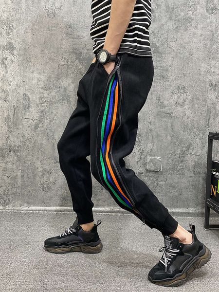 2021 spring new style thickened casual pants men's fashion brand versatile striped net red zipper harlan mini foot guard pants, Blue
2021 spring new style thickened casual pants men's fashion brand versatile striped net red zipper harlan mini foot guard pants, Blue