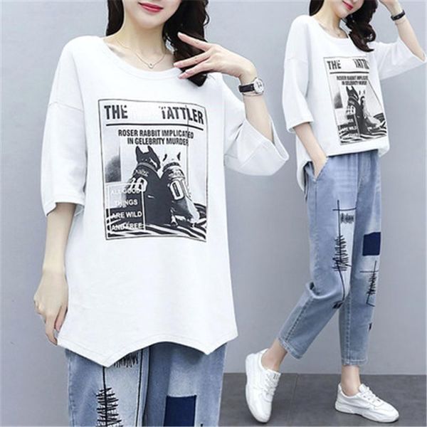 summer plus size ladies two-piece suit cartoon t-shirt elastic waist nine-point jeans loose comfortable women's clothing two piece pant, White
summer plus size ladies two-piece suit cartoon t-shirt elastic waist nine-point jeans loose comfortable women's clothing two piece pant, White