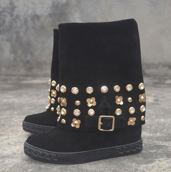 boots fashion woman black suede flower crystal rivets studs mid-calf fold slip on round toe 8 cm hidden wedge short shoes
boots fashion woman black suede flower crystal rivets studs mid-calf fold slip on round toe 8 cm hidden wedge short shoes