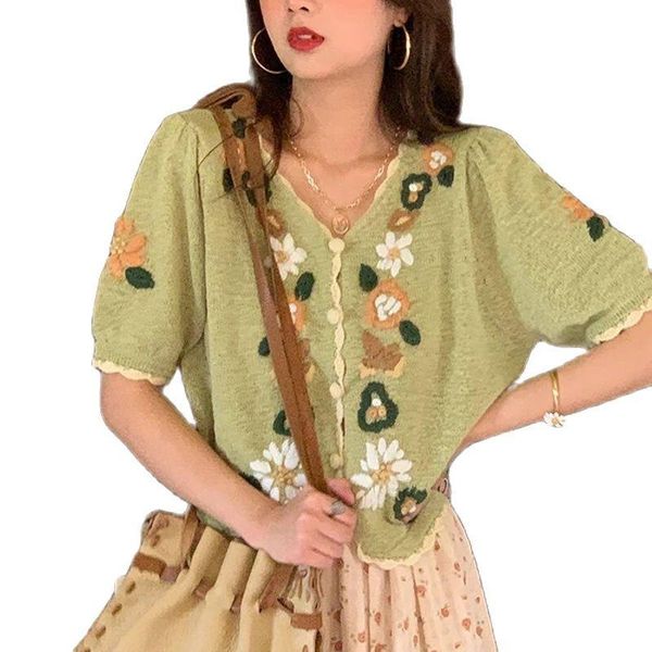 women's knits & tees retro french v-neck short-sleeved knitted cardigan summer 2021 loose short crochet clothing, White
women's knits & tees retro french v-neck short-sleeved knitted cardigan summer 2021 loose short crochet clothing, White