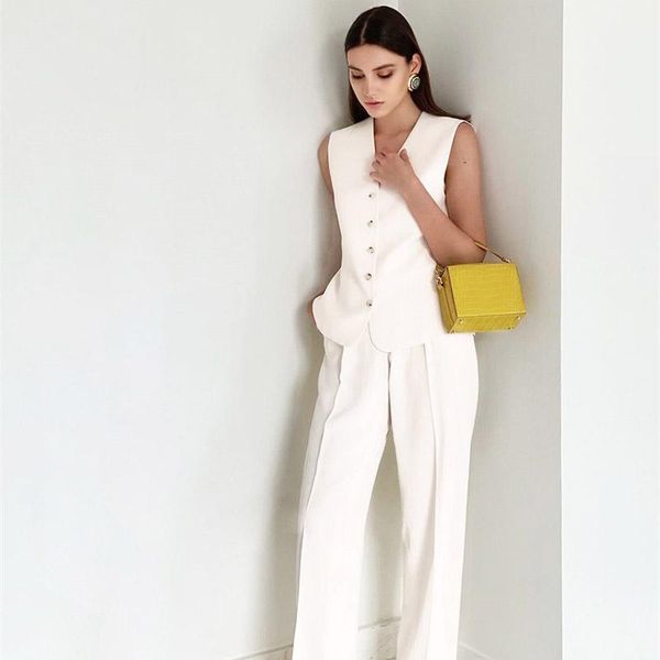 women's two piece pants minimalism offical lady spring summer thin version suit sleeveless solid lapel blazer women causal wide leg, White
women's two piece pants minimalism offical lady spring summer thin version suit sleeveless solid lapel blazer women causal wide leg, White
