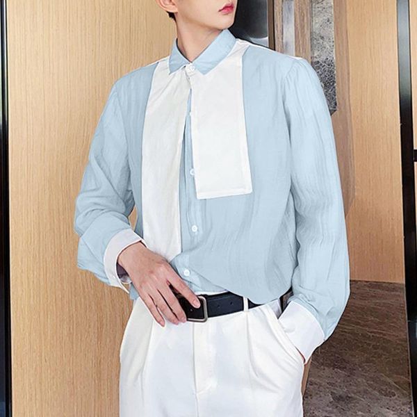 men's casual shirts 2021 fashion men patchwork shirt lapel long sleeve korean thin see through streetwear personality camisas incerun, White;black
men's casual shirts 2021 fashion men patchwork shirt lapel long sleeve korean thin see through streetwear personality camisas incerun, White;black