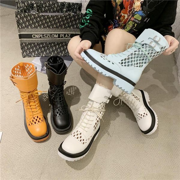 boots 2021 spring summer round toe lace-up hollow out breathable rome short women platform cool women's leather, Black