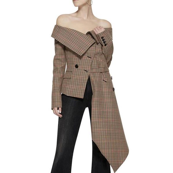 women's suits & blazers 2021 off shoulder plaid blazer coat female jacket slash neck long sleeve irregular hem coats autumn fashion x13, White;black
women's suits & blazers 2021 off shoulder plaid blazer coat female jacket slash neck long sleeve irregular hem coats autumn fashion x13, White;black