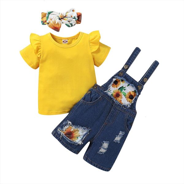 girls 3pcs clothers suit, solid color short fly sleeve t shirt with sunflower printed suspender jeans and headband, White
girls 3pcs clothers suit, solid color short fly sleeve t shirt with sunflower printed suspender jeans and headband, White