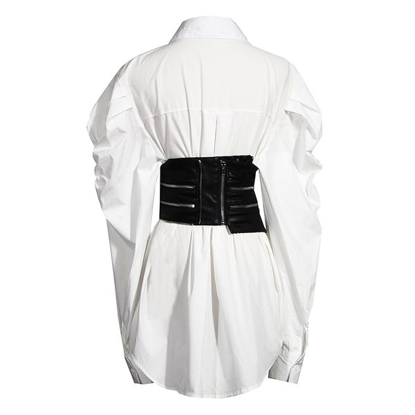casual two piece set for women lapel puff sleeve shirt pu leather patchwork zipper belt female sets 2021 fall tide, White
casual two piece set for women lapel puff sleeve shirt pu leather patchwork zipper belt female sets 2021 fall tide, White