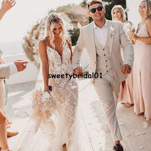 2021 mermaid lace wedding dress spaghetti straps applique v-neck backless bridal party gowns custom, White
2021 mermaid lace wedding dress spaghetti straps applique v-neck backless bridal party gowns custom, White