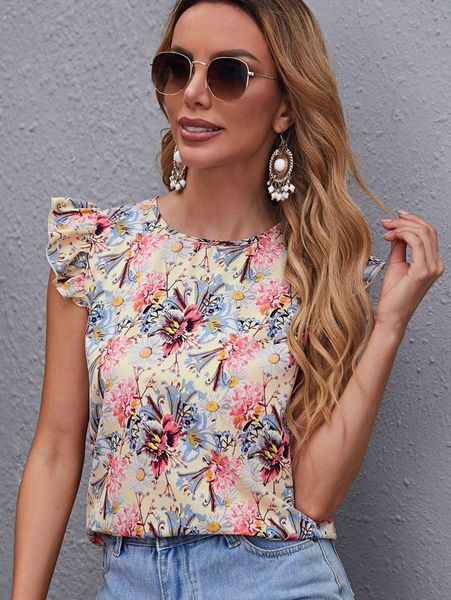 ruffle armhole floral print l6ag#, White
ruffle armhole floral print l6ag#, White