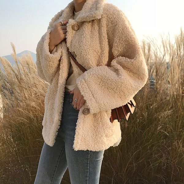 2021 women winter faux wool lapel jacket long sleeve single breasted button coat solid color fuzzy oversized loose outerwear, Black;brown
2021 women winter faux wool lapel jacket long sleeve single breasted button coat solid color fuzzy oversized loose outerwear, Black;brown