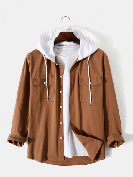 men 1pc solid flap pocket hooded coat w9lm#, Black;brown
men 1pc solid flap pocket hooded coat w9lm#, Black;brown