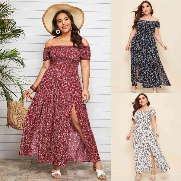 summer casual beach plus size women dresses off shoulder shirred split thigh ditsy floral long maxi, Black;gray
summer casual beach plus size women dresses off shoulder shirred split thigh ditsy floral long maxi, Black;gray