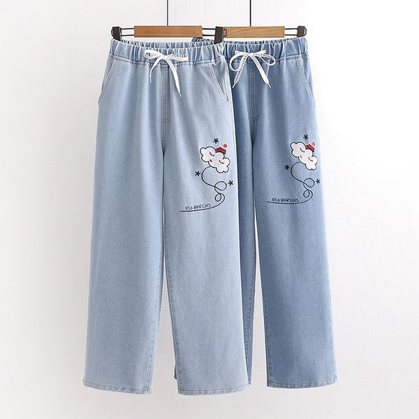 2021 cartoon clouds embroidery blue cotton denim jeans women girls japan style loose straight autumn new design kawaii pants oes8
2021 cartoon clouds embroidery blue cotton denim jeans women girls japan style loose straight autumn new design kawaii pants oes8