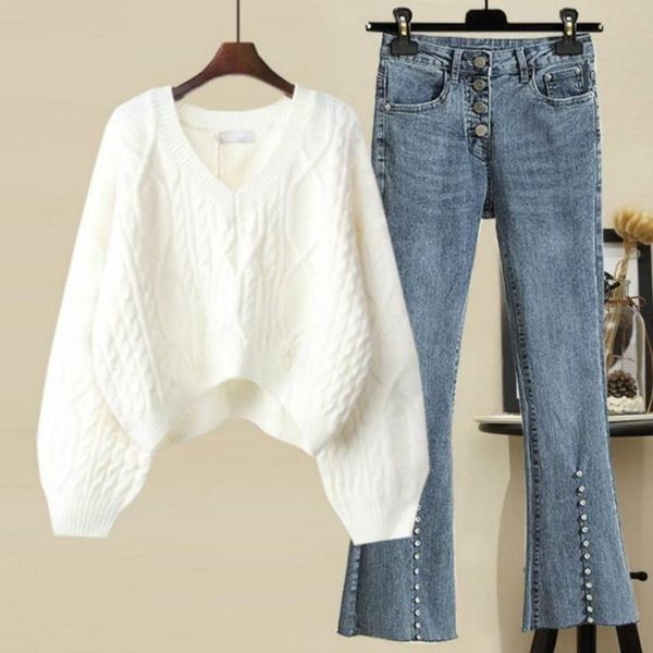 women's two piece pants 2021 women autumn winter causal suit lady v-neck sweater + high waist denim flare pant 2 set female elegant loo, White
women's two piece pants 2021 women autumn winter causal suit lady v-neck sweater + high waist denim flare pant 2 set female elegant loo, White