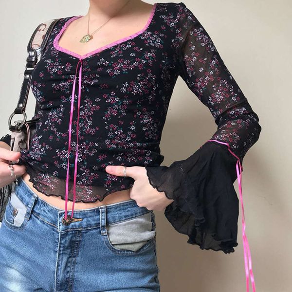 new floral navel perspective bandage slim lotus v-neck long sve mh t-shirt female, Black;brown
new floral navel perspective bandage slim lotus v-neck long sve mh t-shirt female, Black;brown