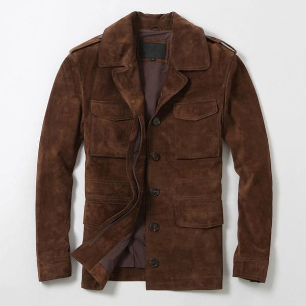 men's leather & faux spring cow genuine brown casual jacket men single breasted suede coat with four pockets, Black
men's leather & faux spring cow genuine brown casual jacket men single breasted suede coat with four pockets, Black